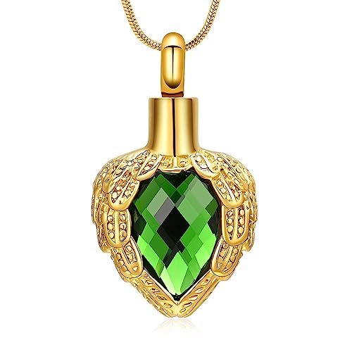 memorial jewelry Gold Angel Wings Glass Heart Urn Pet/Human Cremation Pendant Necklace Jewelry for Ashes - color: Green