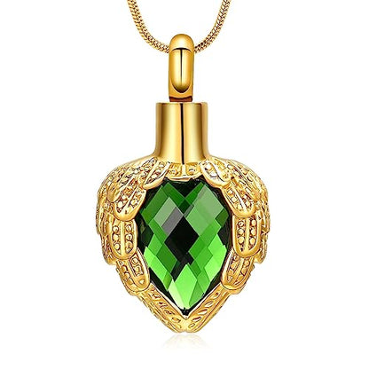 memorial jewelry Gold Angel Wings Glass Heart Urn Pet/Human Cremation Pendant Necklace Jewelry for Ashes - color: Green
