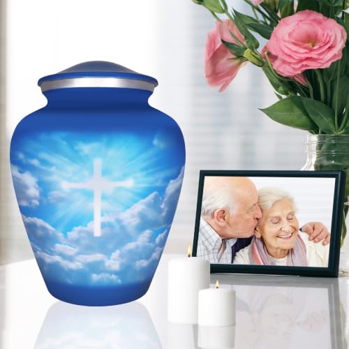 M MEILINXU Blue Sky Christian Cross Urns for Human Ashes Adult Man, Large - color: Blue