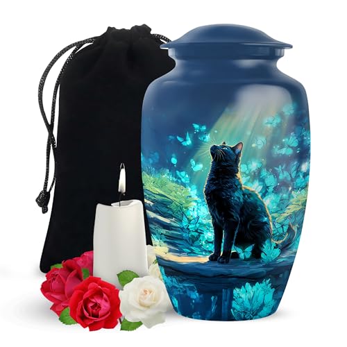 Yatskia Cat with Blue Butterflies Large Memorial Urns for Human Ashes Adult Male and Female, Decorative Cremation Urn for Adult Ashes, (Classic Large, 10 Inch) - color: #4 Cat, size: 10 Inch (Pack of 1)