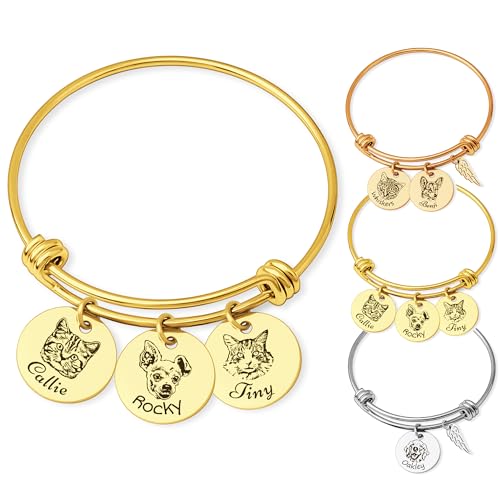 Anavia 1/2/3/4 Disc Pet Portrait Bangle Bracelet, Personalized Pet Memorial Expandable Charm Bracelet Jewelry Gift, Customized Round Disc Photo Engraved Dog Cat Bracelet for Animal Lovers - color: Gold, size: Large - 3 Disc