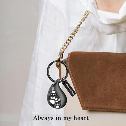 Hearbeingt Teardrop Urn Keychain for Ashes Tree of Life Cremation Jewelry - color: Paw Print-black