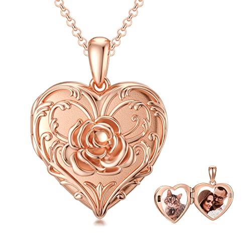 SOULMEET Sunflower/Rose/Daisy Heart Locket Necklace That Holds Pictures Keep Someone Near to You Sterling Silver/Gold Personalized Photo Locket Gift - style: A3-Rose gold rose locket+photo