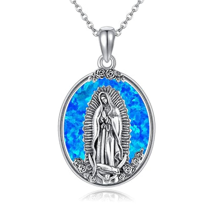 YAFEINI Virgen De Guadalupe Necklace 925 Sterling Silver Mother Mary Necklace Virgencita Jewelry Thanksgiving Day Gifts for Women - style: Blue Opal
