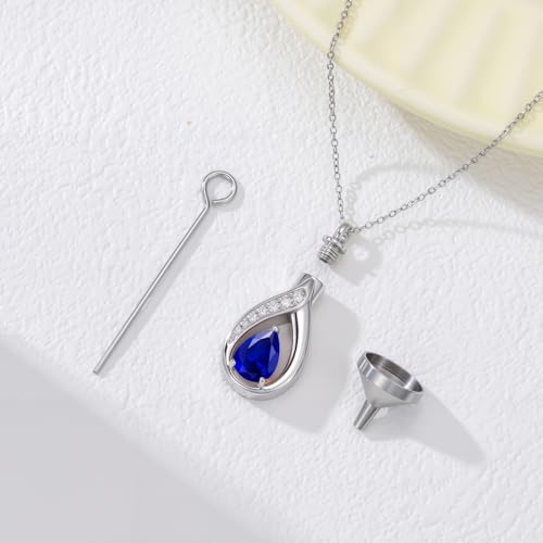Teardrop Urn Necklace for Ashes Birthstone Keepsake Pendant Cremation Jewelry for Ashes Memorial Jewelry Gifts for Loss of a Loved One for Women - style: Sep-Sapphire