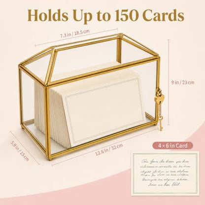 Glass Wedding Card Box with Slot and Lock, Gold Card Box 12.6" | Clear Brass Frame Card Box for Wedding Reception, Decorative Storage Box for Baby Shower, Birthday Party, Bridal Shower - size: 12.6" Gold without Arch