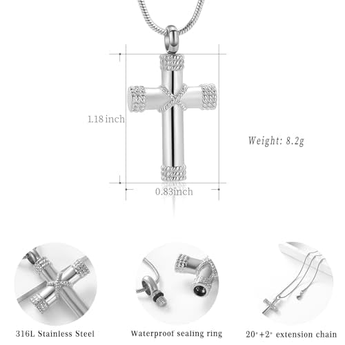 Minicremation Rope Winding Cross Cremation Ashes Urn Pendant Necklace Memorial Keepsake Jewelry Lord’s Prayer Cross Ashes Necklaces - color: Silver