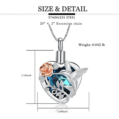 Yinplsmemory Hummingbird Cremation Jewelry Crystal Heart Urn Ashes Necklace for Women Men Memorial Keepsake Necklace of Loved One - color: Blue-Rose gold