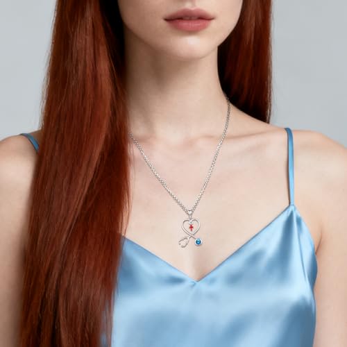 Angel Wings Necklace 925 Sterling Silver Guardian Angel Nurse RN Caduceus Pendant Charm Crystal Angel Jewelry Gifts for Women - style: H-Stethoscope-12-Dec.-Blue Topaz