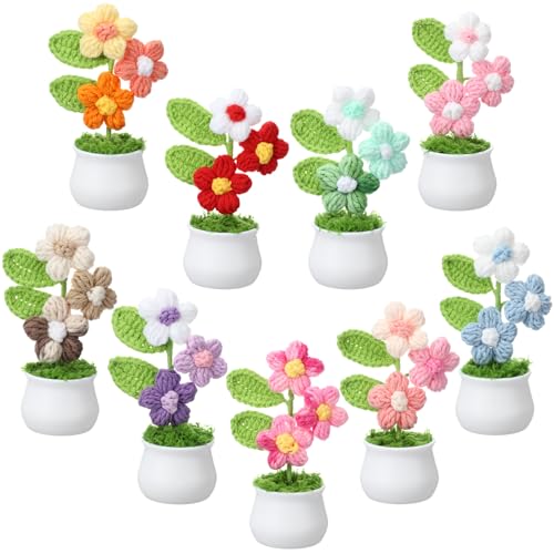 9 Pack Crochet Flower Pot Bulk, Crochet Puff Flowers, Small Potted Plant Bouquet Handmade Knitted Flower for Mothers Day Gift Summer Home Office Desktops and Car Decorations - style: Cute
