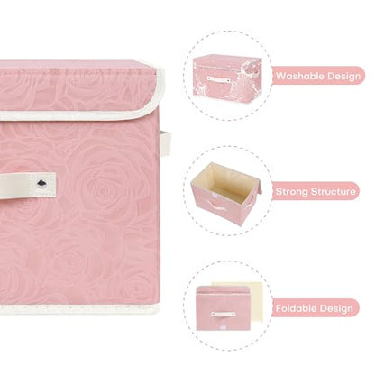 ANMINY Fabric Storage Box Bins with Lids, Rose Print, Pink, 2PCS Large | Keepsake Memory Storage, Nonwoven Fabric, PP Board Frame, Washable, PU Handles, Foldable Stackable, Decorative, 15"x10"x10" - size: Large (Pack of 2)