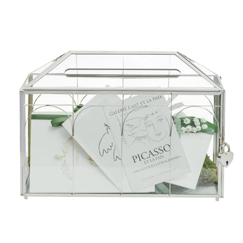 NCYP Glass Cards Box with Slot & Lock for Micro Wedding - 12.6" x 5.9" x 9" Vintage Geometric, Wishwell, Party, Home Reception, Tabletop Decor, Silver (Glass Box Only) - color: Silver