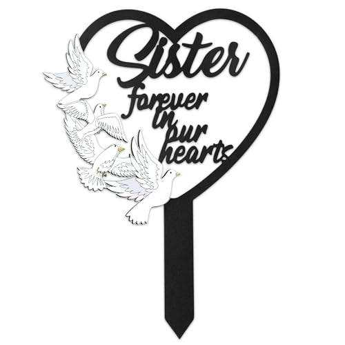 BUoonyer Stake Graves Cemetery Decorations - Sister Metal Memorial Grave Markers, Girls Heart Graveyard Sympathy Plaque, Dove Remembrance Graveside Burial Decor Sign for Outside Yard Garden - style: Sister-2