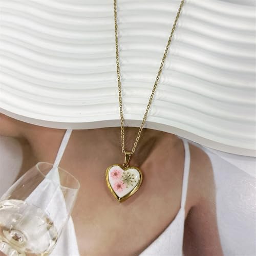 Heart Locket Dried Flower Pendant Necklace Stainless Steel Gold Plated Cute Light Pink Pressed Wildflower Charm Holds Pictures Choker Necklaces Fashion Trendy Jewelry for Her Bff 17.5"