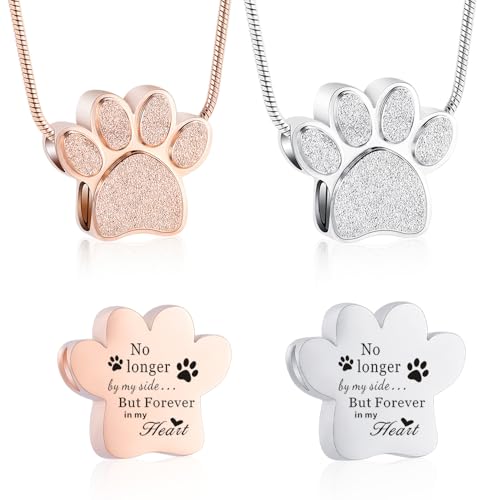 Paw Print Urn Necklace for Ashes Pet Paw Cremation Jewelry Ashes Necklace Keepsake Memorial Jewelry for Pet/Dog's/Cat's Ashes Pendant Gifts for Men/Women - color: Silver+Rose