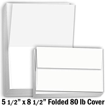 Hamilco White 80lb Cover Heavy Folded 5.5x8.5 Cardstock & Envelopes (100PK) - size: 100 Cards and Envelopes