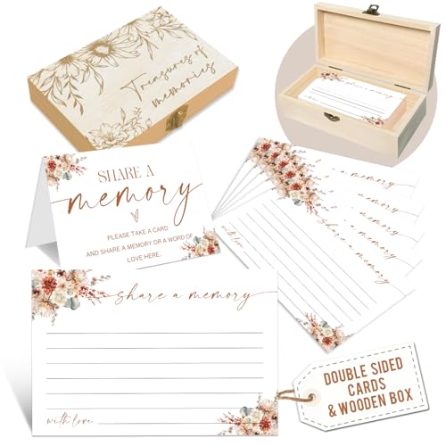 Celebration of Life Memory Box with Share a Memory Cards, Funeral Message Card with 50 Wildflower, Wooden Keepsake Holder for Memorial Service, Wedding, Birthday -A04 - color: C White