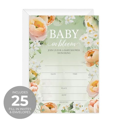 Canopy Street Baby In Bloom Baby Shower Invitations / 25 Floral Gender Neutral Baby Shower Invites With White Envelopes / 5" x 7" Flat Fill In Gender Reveal Invitation Cards/Made In The USA - color: Baby in Bloom