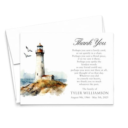 Modern Pink Paper Funeral Thank You Notecards Nautical Themed, FLAT Lighthouse Sympathy Cards With Envelopes, Bereavement Card With Envelopes, Coastal Theme, Your Choice of Quantity and Color - color: Lighthouse