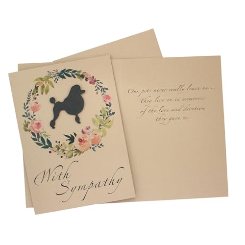 Poodle Continental Clip Floral Wreath Sympathy Card | Handmade 5x7 Pet Condolences Greeting | Dog Silhouette Kraft Brown Base Card | Toy Miniature Standard - color: Kraft Brown, style: Poodle (Continental Clip)