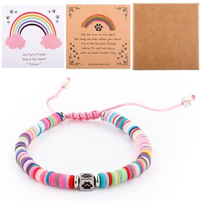 Pet Memorial Bracelet, Dog Loss Sympathy Gift Rainbow Colorful Polymer Clay Drawstring Bracelet Gift for Women Men Who Loss of Pets Cat Furry Friend