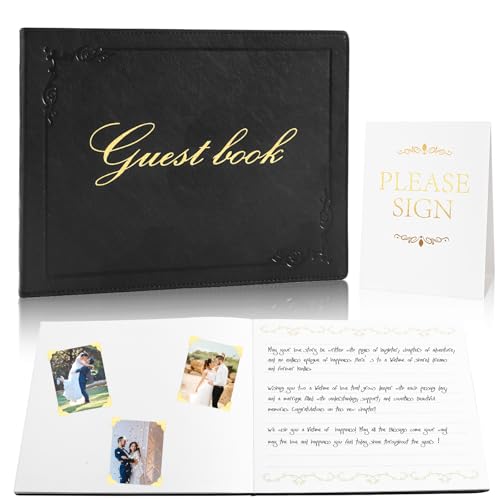 8x10 Leather Guest Book and Standup Sign Set, Gold Foiled Cover Registry Book for Wedding Reception, Retirement Party, Vacation Homes and Events, 120 Pages (Black) - color: Black