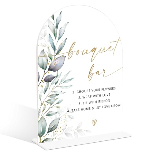 Acrylic Wedding Signs, Greenery Theme Bouquet Bar Sign, Wedding Reception Signage, Bridal Shower Table Decor with Stand, Bouquet Bar Supplies for Engagement, Anniversary, Newlywed Event and Party, 05 - color: Bouquet Bar Sign, 05