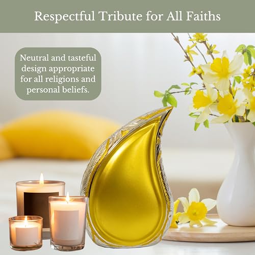 NORSE'S TRADECRAFT Teardrop Urn for Ashes Adult Male & Female | Metal with Gold Finish, 60 cu in Capacity, Memorial Gifts with Velvet Bag, Handcrafted Cremation Urn Keepsake