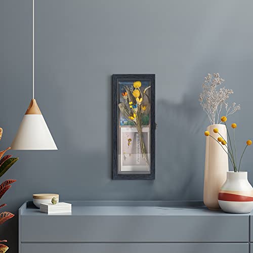 GraduatePro Shadow Box Frame 5x12.5 Display Case with Linen Back, Real Glass Window Door with Hinge, Picture Frame Wedding Bouquet Memorabilia Medals Photos Memory Box for Keepsakes, Rustic Black | Hinged Front Open Door with Tempered Glass, Linen Back wi