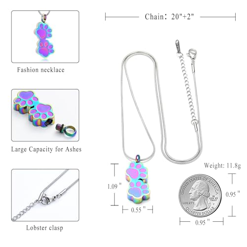Pet Urns For Dogs/Cats - Pet Ashes Necklace - Paw Print Urn Necklace with Mini Keepsake Urn Memorial Ash Jewelry - color: Colorful-2