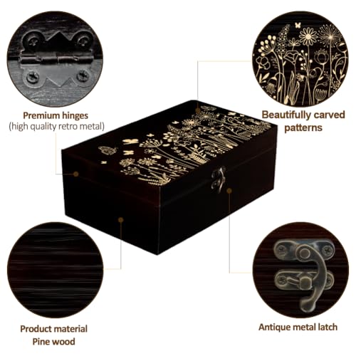 arricraft 1 Pc Wooden Memory Keepsake Box, Wildflower Cluster Butterflies Engraved Pattern Rectangle Pine Tarot Box for Anniversary Jewelry Board Storage (9.45x5.51x3.54 Inch)