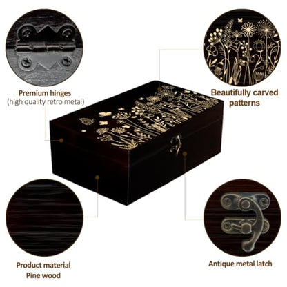 arricraft 1 Pc Wooden Memory Keepsake Box, Wildflower Cluster Butterflies Engraved Pattern Rectangle Pine Tarot Box for Anniversary Jewelry Board Storage (9.45x5.51x3.54 Inch)