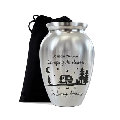 Forest Camping Memorial Mini Urn, Stainless Steel Small Keepsake Urn for Human Ashes, Engraved Campfire Design, 2.56" Funeral Remembrance Vessel for Camper & Nature Lovers