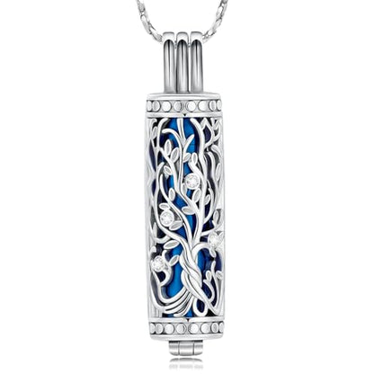 Tree of Life Urn Necklace for Women Men Cylinder Bar Memorial Ash Pendant | Tree of Life Cremation Jewelry,Stainless Steel Keepsakes Necklaces,Vial Ashes Pendant - color: Silver-Blue