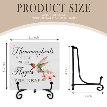 Hummingbird Memorial Wooden Desk Sign, Sympathy Gifts for Loss of Loved One, Hummingbirds Appear When Angels Are Near Memorial Wood Plaque With Stand for Home Room Decorations, 5x5 Inch