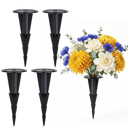 4 Pcs Memorial Artificial Flower Holder, Patio Garden Floral Ground Spikes, Cemetery Flower Container Stakes, Black