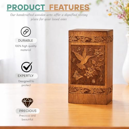 Cremation Urns for Human Ashes Adult Male Female - Wooden Humming Bird Funeral Cremation Urn Hand-Crafted - Burial Funeral Memorial Urns for Ashes (Large) - size: Large