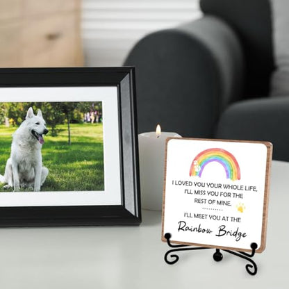 Rainbow Bridge Pet Memorial Gifts for Grieving Friends, Sympathy for Women | Remembrance Desk Shelf Decor, Pet Bereavement Condolences Keepsake for Office Bedroom Home, Wooden Sign with Iron Stand - style: Rainbow bridge 02