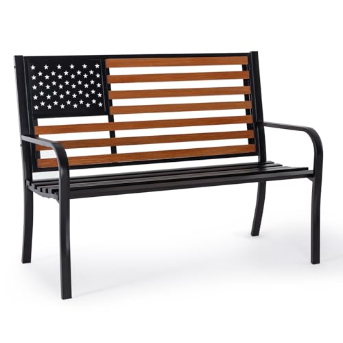 𝐀𝐭𝐭𝐥𝐢𝐚𝐬𝐚𝐥𝐨𝐧 50” Outdoor Bench Garden Bench with American Flag Style, Sturdy Cast Iron Metal Frame Patio Park Bench for Porch Yard Lawn Deck Park - size: Classic Style