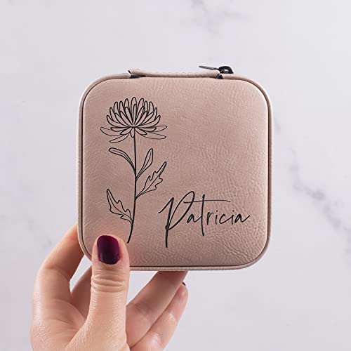 Custom Leather Jewelry Box w/Name & Birth Flower Month - Birthday Gifts for Women, Personalized Jewelry Travel Case - Customized Jewelry Organizer Box, Mom Birthday Gifts - White - color: White