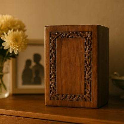 Handcrafted Rosewood Wooden Urn for Human Ashes Adult – 200 Cubic Inch Capacity – Engraved Border Funeral Urn for Ashes – Memorial Keepsake Box