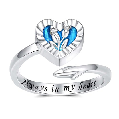 925 Sterling Silver Heart Urn Ring for Ashes for Women - Cremation Jewelry Keepsake Thumb Rings Adjustable with Rose/Sunflower Gift for Lost Of Love Ones Human Adult Pet - style: Blue Heart Tulip