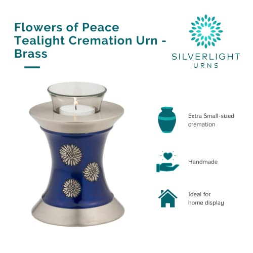 Flowers of Peace Tealight Urn for Ashes - Blue, Brass Memorial Candle Urn, Extra Small, 5.5 Inches High - color: Blue