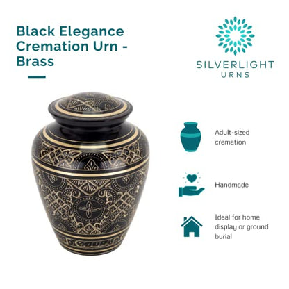 Black Elegance Brass Cremation Urn for Ashes, Brass, Black Urn, Adult Sized Cremation Urn, 9.25 Inches High