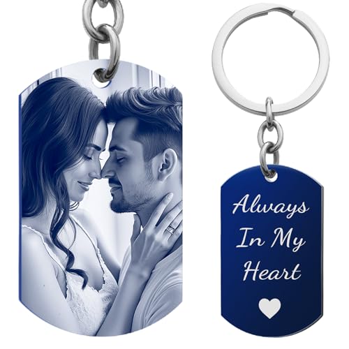 Photo Keychain Custom Picture Keychain Customized Gifts Laser-Engraved/Color Gifts For Boyfriend Hubsand Wife - color: Engraving (Black&white): Photo + Text (Blue)