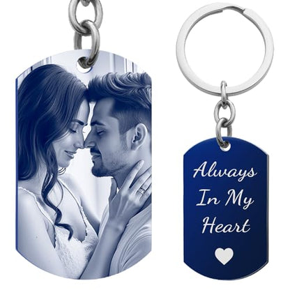 Photo Keychain Custom Picture Keychain Customized Gifts Laser-Engraved/Color Gifts For Boyfriend Hubsand Wife - color: Engraving (Black&white): Photo + Text (Blue)