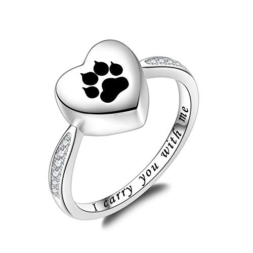 Fookduoduo 925 Sterling Silver Paw Print Urn for Ashes I Carry You with me Cremation Jewelry Dog Cat Claw Urn Finger Ring for Pet Lovers - color: black