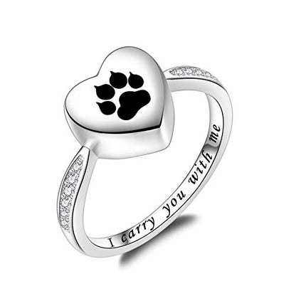 Fookduoduo 925 Sterling Silver Paw Print Urn for Ashes I Carry You with me Cremation Jewelry Dog Cat Claw Urn Finger Ring for Pet Lovers - color: black