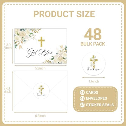 48 Pack Baptism Thank You Cards with Envelopes, Watercolor Floral Cross Christian Thank You Cards for Wedding Communion Baby Shower - style: 48 Pcs - Golden Cross