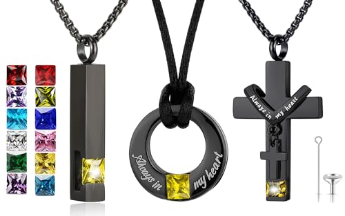 YOUFENG 3 Pieces Cremation Urn Necklaces for Ashes Keepsake Cremation Jewelry Cross Round Bar Birthstone Crystal Stainless Steel Memorial Pendant for Women Men - color: Topaz